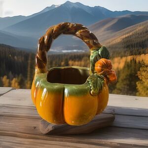 Vintage OCI Omnibus Fitz & Floyd Japan Ceramic Pumpkin Basket Planter